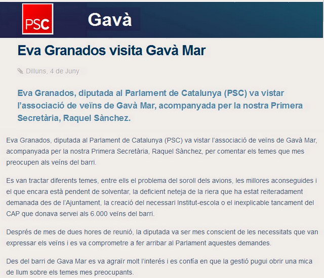 Notcia publicada a la web del PSC de Gav sobre la reuni de l'AVV de Gav Mar amb la Diputada del PSC al Parlament de Catalunya, Eva Granados i la primera secretria del PSC de Gav, Raquel Snchez (4 de Juny de 2012)